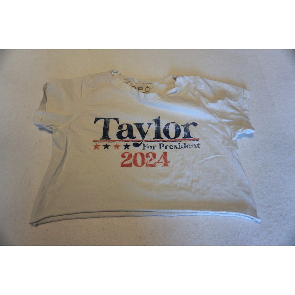 PPC Purple Taylor For President 2024 White Graphic Crop Top Tee Womens Medium